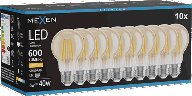 Mexen Vintis 10x Bec filament LED E27, A60, 6W, Cald - 2700K, 600 lm, chihlimbar - L150-E27-0627-50x10
