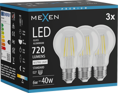 Mexen Vintis 3x LED filament izzólámpa E27, A60, 6W, Semleges - 4000K, 720 lm, átlátszó - L150-E27-0640-00x03