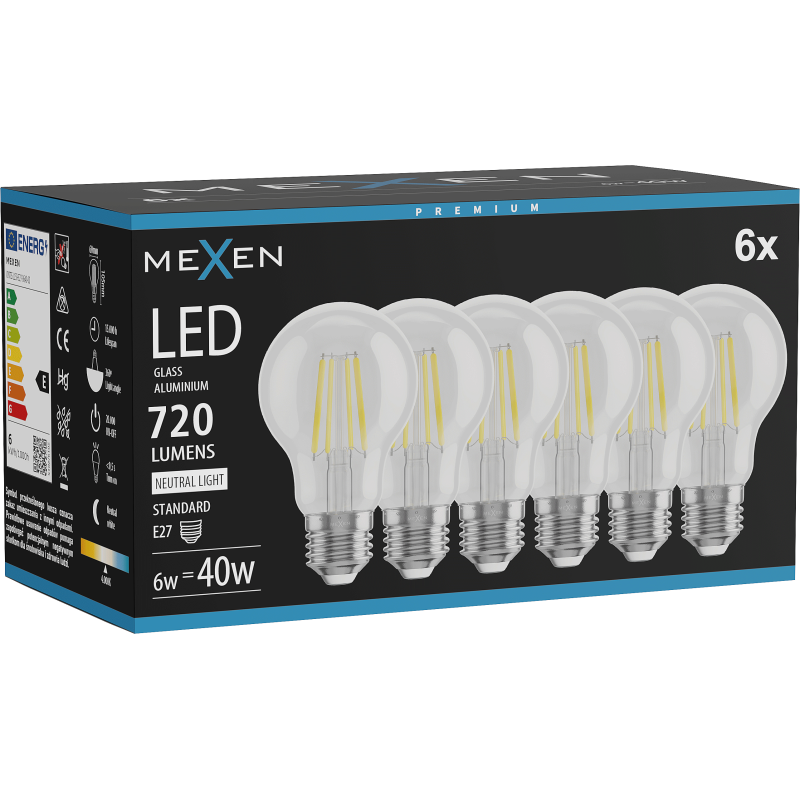 Mexen Vintis 6x LED filament izzó E27, A60, 6W, Semleges - 4000K, 720 lm, átlátszó - L150-E27-0640-00x06