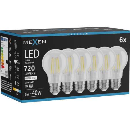 Mexen Vintis 6x LED filament izzó E27, A60, 6W, Semleges - 4000K, 720 lm, átlátszó - L150-E27-0640-00x06