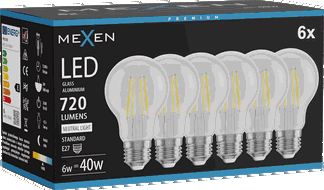 Mexen Vintis 6x Bec cu filament LED E27, A60, 6W, Neutru - 4000K, 720 lm, transparent - L150-E27-0640-00x06