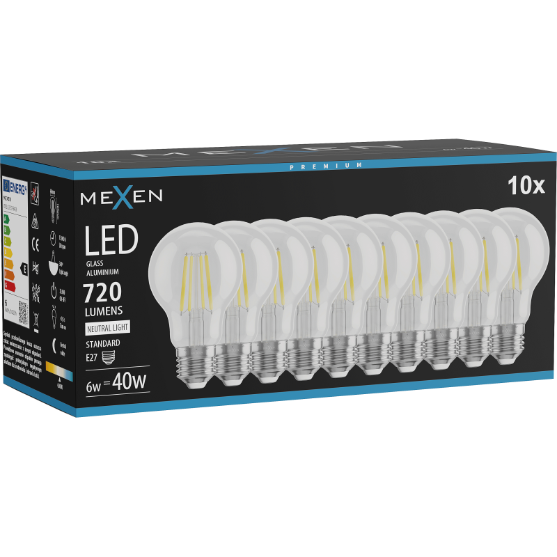 Mexen Vintis 10x Bec LED cu filament E27, A60, 6W, Neutru - 4000K, 720 lm, transparent - L150-E27-0640-00x10