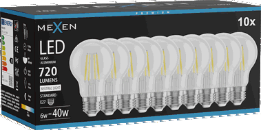 Mexen Vintis 10x Bec LED cu filament E27, A60, 6W, Neutru - 4000K, 720 lm, transparent - L150-E27-0640-00x10