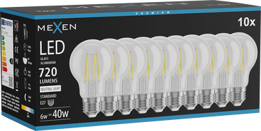 Mexen Vintis 10x LED filament izzó E27, A60, 6W, semleges - 4000K, 720 lm, tiszta - L150-E27-0640-00x10