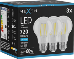 Mexen Vintis 3x Filament LED izzó E27, A60, 6W, Hideg - 6500K, 720 lm, átlátszó - L150-E27-0665-00x03