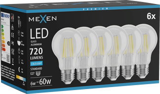 Mexen Vintis 6x LED filament izzó E27, A60, 6W, Hideg - 6500K, 720 lm, tiszta - L150-E27-0665-00x06