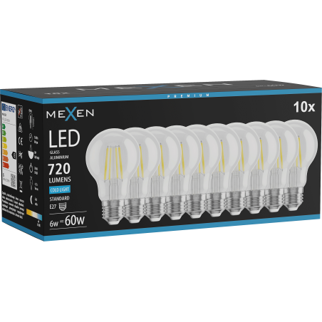 Mexen Vintis 10x Bec LED filament E27, A60, 6W, Rece - 6500K, 720 lm, clar - L150-E27-0665-00x10