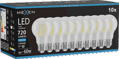 Mexen Vintis 10x Bec LED filament E27, A60, 6W, Rece - 6500K, 720 lm, clar - L150-E27-0665-00x10