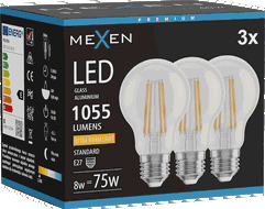 Mexen Vintis 3x Bec Filament LED E27, A60, 8W, Cald - 2200K, 1055 lm, clar - L150-E27-0822-00x03