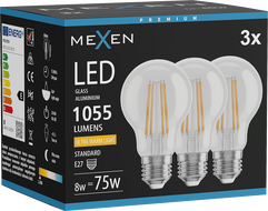 Mexen Vintis 3x Fejlámpa LED E27, A60, 8W, Meleg - 2200K, 1055 lm, áttetsző - L150-E27-0822-00x03