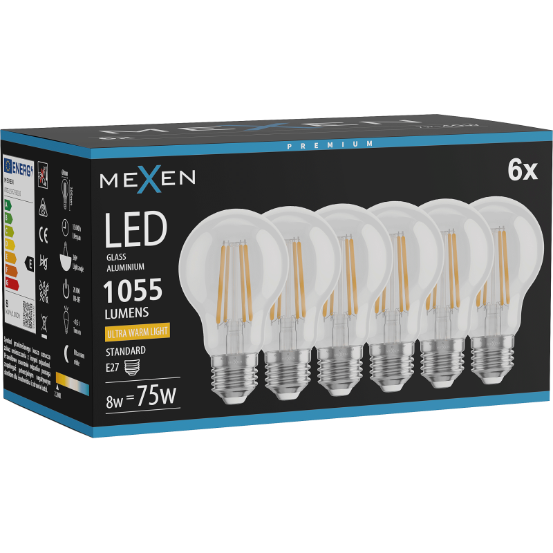 Mexen Vintis 6x Bec filament LED E27, A60, 8W, Caldă - 2200K, 1055 lm, clar - L150-E27-0822-00x06