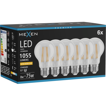 Mexen Vintis 6x LED filament izzó E27, A60, 8W, Meleg - 2200K, 1055 lm, átlátszó - L150-E27-0822-00x06
