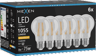 Mexen Vintis 6x Bec filament LED E27, A60, 8W, Caldă - 2200K, 1055 lm, clar - L150-E27-0822-00x06