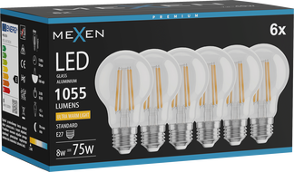 Mexen Vintis 6x LED filament izzó E27, A60, 8W, Meleg - 2200K, 1055 lm, átlátszó - L150-E27-0822-00x06