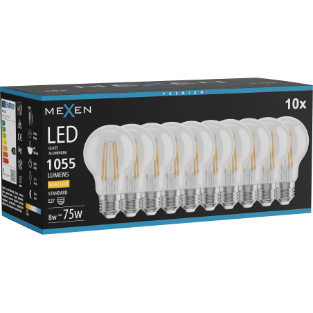 Mexen Vintis 10x LED filament izzó E27, A60, 8W, Meleg - 2200K, 1055 lm, átlátszó - L150-E27-0822-00x10