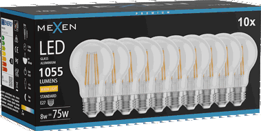 Mexen Vintis 10x Bec Filament LED E27, A60, 8W, Caldă - 2200K, 1055 lm, clar - L150-E27-0822-00x10