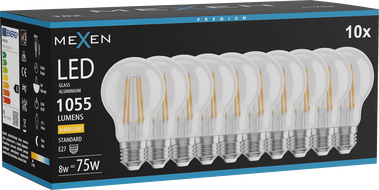 Mexen Vintis 10x LED filament izzó E27, A60, 8W, Meleg - 2200K, 1055 lm, átlátszó - L150-E27-0822-00x10