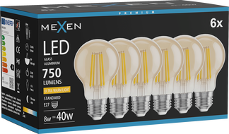 Mexen Vintis 6x LED filament izzó E27, A60, 8W, Meleg - 2200K, 750 lm, borostyán - L150-E27-0822-50x06
