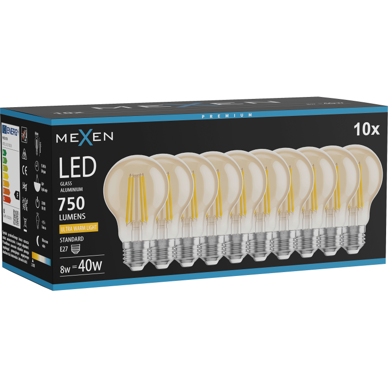 Mexen Vintis 10x Bec LED Filament E27, A60, 8W, Cald - 2200K, 750 lm, chihlimbar - L150-E27-0822-50x10