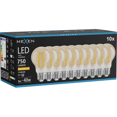 Mexen Vintis 10x Bec LED Filament E27, A60, 8W, Cald - 2200K, 750 lm, chihlimbar - L150-E27-0822-50x10