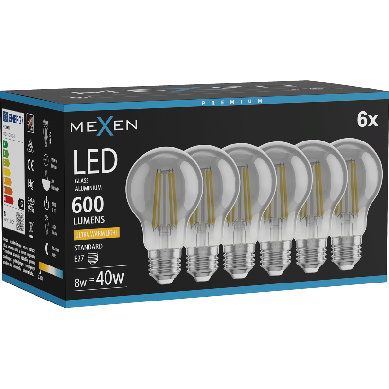 Mexen Vintis 6x LED filament izzó E27, A60, 8W, Meleg - 2200K, 600 lm, füstszínű - L150-E27-0822-70x06