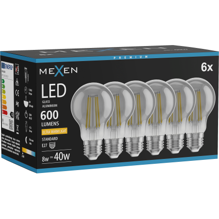 Mexen Vintis 6x LED filament izzó E27, A60, 8W, Meleg - 2200K, 600 lm, füstszínű - L150-E27-0822-70x06