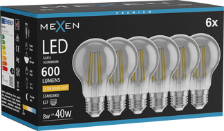Mexen Vintis 6x LED filament izzó E27, A60, 8W, Meleg - 2200K, 600 lm, füstszínű - L150-E27-0822-70x06