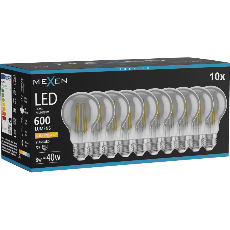 Mexen Vintis 10x LED filament izzó E27, A60, 8W, Meleg - 2200K, 600 lm, füstös - L150-E27-0822-70x10