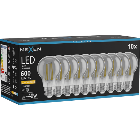 Mexen Vintis 10x Bec LED filament E27, A60, 8W, Cald - 2200K, 600 lm, fumuriu - L150-E27-0822-70x10