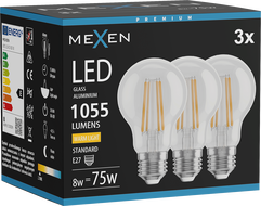 Mexen Vintis 3x LED filament izzó E27, A60, 8W, Meleg - 2700K, 1055 lm, átlátszó - L150-E27-0827-00x03