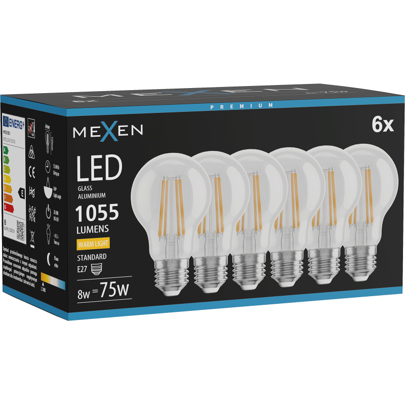Mexen Vintis 6x LED filament izzó E27, A60, 8W, Meleg - 2700K, 1055 lm, tiszta - L150-E27-0827-00x06