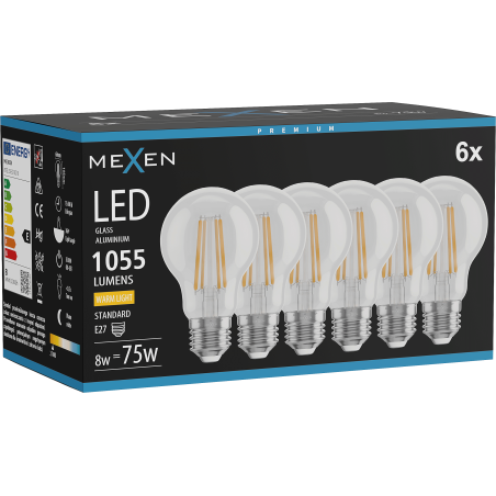 Mexen Vintis 6x LED filament izzó E27, A60, 8W, Meleg - 2700K, 1055 lm, tiszta - L150-E27-0827-00x06