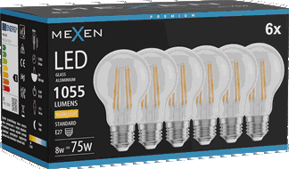 Mexen Vintis 6x Bec LED filament E27, A60, 8W, Caldă - 2700K, 1055 lm, transparent - L150-E27-0827-00x06