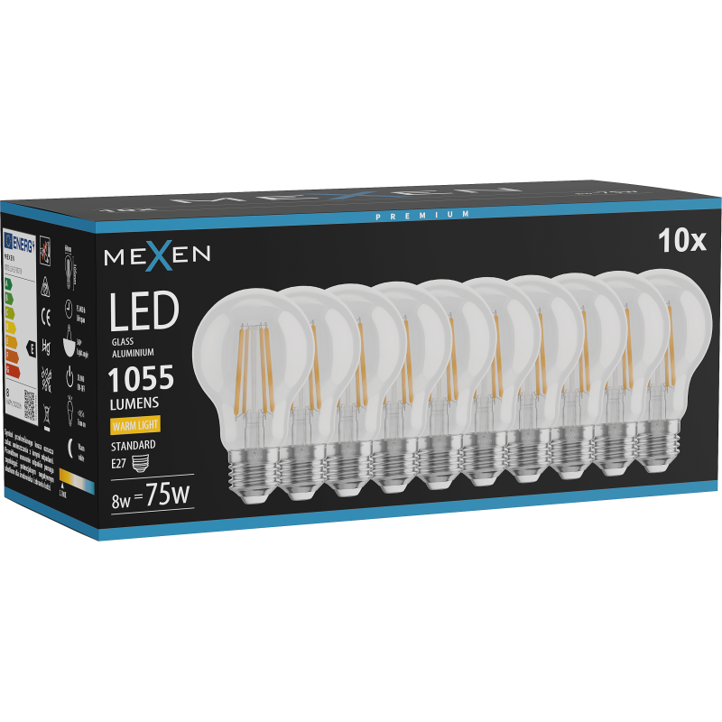 Mexen Vintis 10x LED filament izzó E27, A60, 8W, Meleg - 2700K, 1055 lm, átlátszó - L150-E27-0827-00x10