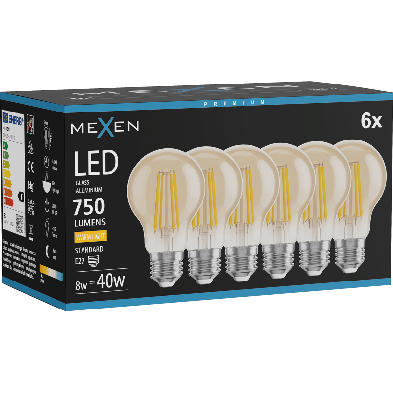 Mexen Vintis 6x Bec filament LED E27, A60, 8W, Cald - 2700K, 750 lm, chihlimbar - L150-E27-0822-50x06 - L150-E27-0827-50x06