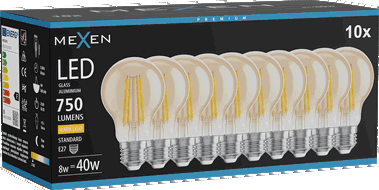 Mexen Vintis 10x Bec LED cu filament E27, A60, 8W, Caldă - 2700K, 750 lm, chihlimbar - L150-E27-0822-50x10