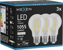 Mexen Vintis 3x Bec cu filament LED E27, A60, 8W, Neutru - 4000K, 1055 lm, transparent - L150-E27-0840-00x03