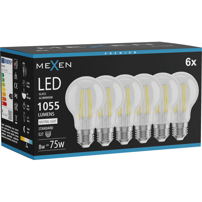 Mexen Vintis 6x LED filament izzó E27, A60, 8W, semleges - 4000K, 1055 lm, tiszta - L150-E27-0840-00x06