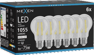 Mexen Vintis 6x Bec cu filament LED E27, A60, 8W, Neutru - 4000K, 1055 lm, transparent - L150-E27-0840-00x06