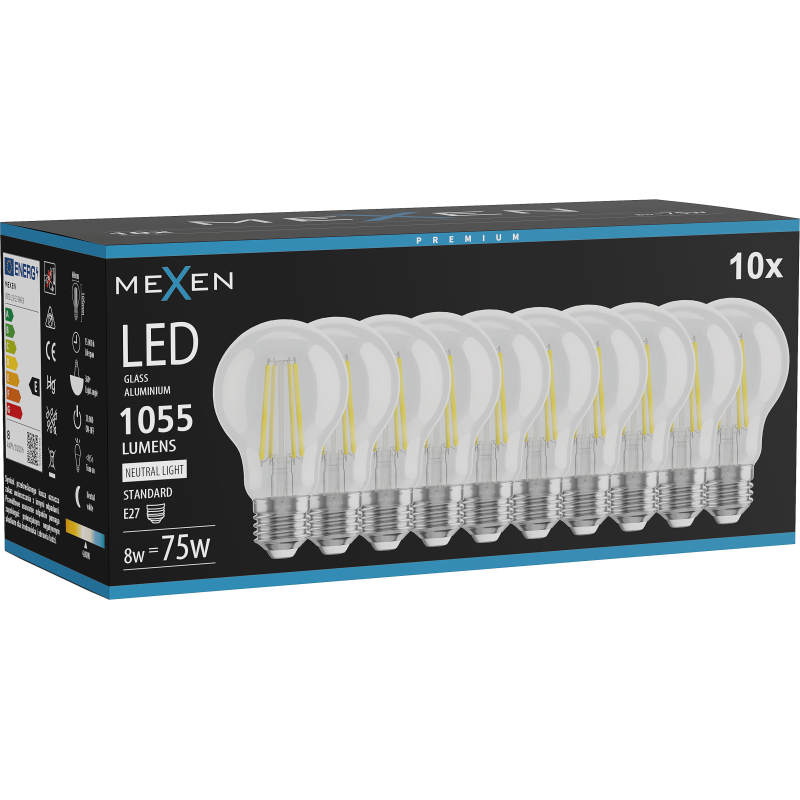 Mexen Vintis 10x Bec LED filament E27, A60, 8W, Neutră - 4000K, 1055 lm, clar - L150-E27-0840-00x10