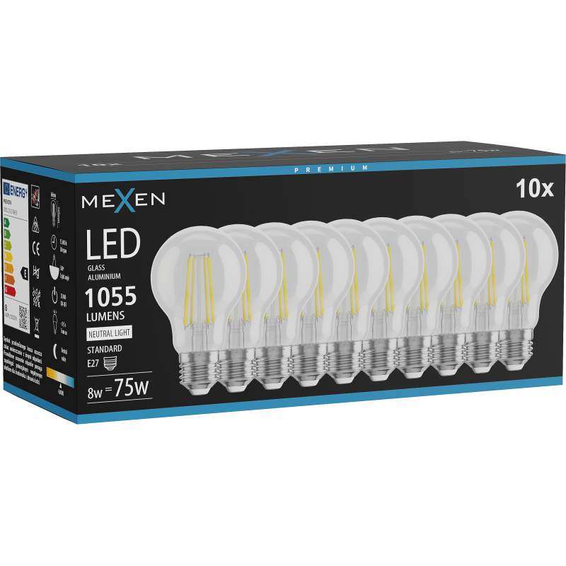 Mexen Vintis 10x LED filament izzó E27, A60, 8W, Semleges - 4000K, 1055 lm, átlátszó - L150-E27-0840-00x10