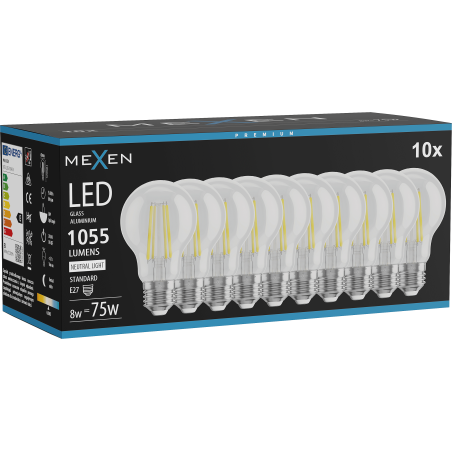 Mexen Vintis 10x LED filament izzó E27, A60, 8W, Semleges - 4000K, 1055 lm, átlátszó - L150-E27-0840-00x10