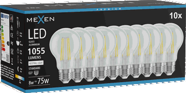 Mexen Vintis 10x Bec LED filament E27, A60, 8W, Neutră - 4000K, 1055 lm, clar - L150-E27-0840-00x10