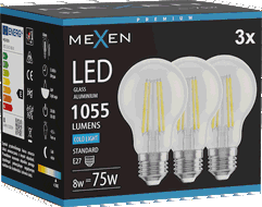 Mexen Vintis 3x Bec LED cu filament E27, A60, 8W, Rece - 6500K, 1055 lm, clar - L150-E27-0865-00x03
