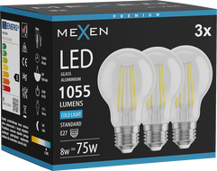 Mexen Vintis 3x Filament LED izzó E27, A60, 8W, Hideg - 6500K, 1055 lm, átlátszó - L150-E27-0865-00x03