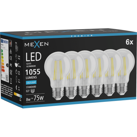 Mexen Vintis 6x Bec LED filament E27, A60, 8W, Rece - 6500K, 1055 lm, transparent - L150-E27-0865-00x06