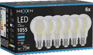 Mexen Vintis 6x Bec LED filament E27, A60, 8W, Rece - 6500K, 1055 lm, transparent - L150-E27-0865-00x06