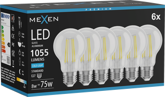 Mexen Vintis 6x LED filament izzó E27, A60, 8W, Hideg - 6500K, 1055 lm, átlátszó - L150-E27-0865-00x06
