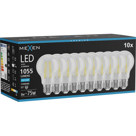 Mexen Vintis 10x LED filament izzó E27, A60, 8W, Hideg - 6500K, 1055 lm, átlátszó - L150-E27-0865-00x10