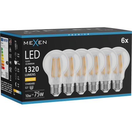 Mexen Vintis 6x LED filament izzó E27, A60, 10W, Meleg - 2700K, 1320 lm, átlátszó - L150-E27-1027-00x06